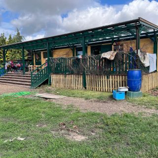 Außenansicht eines grünen Waldkindergartenwagens